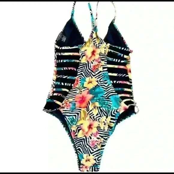 REVAMPED FLORAL GREEN YELLOW ONE PIECE CRISS  CROSS OPEN SIDES SWIMSUIT SIZE M - Picture 2 of 10